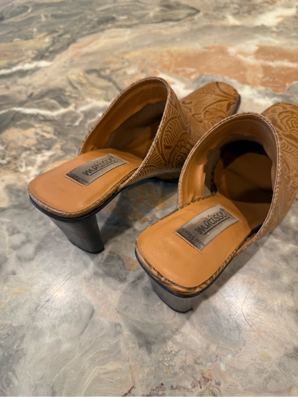 Vintage Matisse Cognac Tooled Leather Square Toe Mule Heels Size 8 Boho Western - Picture 5 of 9